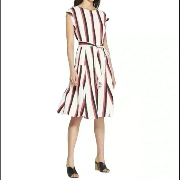 Who What Wear Striped Linen Blend Belted Midi Dress Size XS - Picture 1 of 7